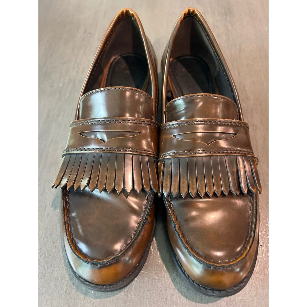 Zara Brown Kiltie Fringe Penny Loafers Women Size 41 (10)Burnished Slip On Shoes